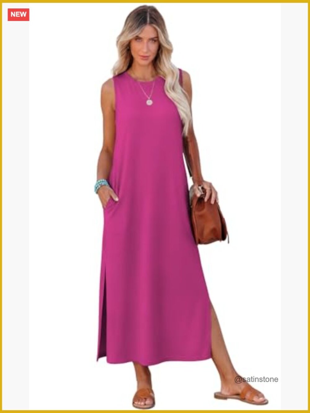 Casual Maxi Side Slit Long Dress with Pockets Sleeveless Crewneck - Picture 3 of 7